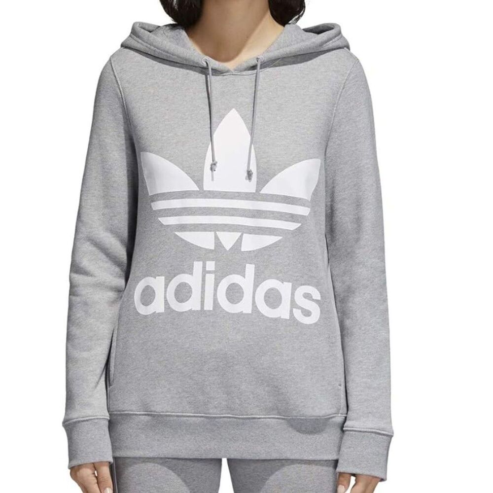 Adidas Original Gray 100% Cotton Hoodie Pullover Long Sleeve Women Size Large